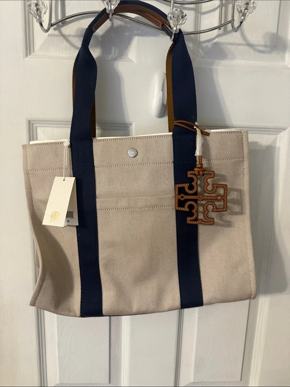 Tory Burch Beige Canvas Tote with Navy Straps and Brown Logo Charm
